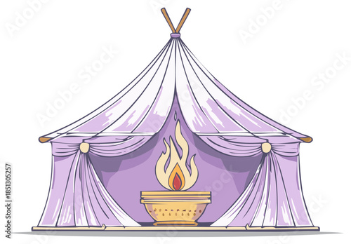 Elegant purple fabric tent with golden fire altar for sacred ritual or festive ceremony