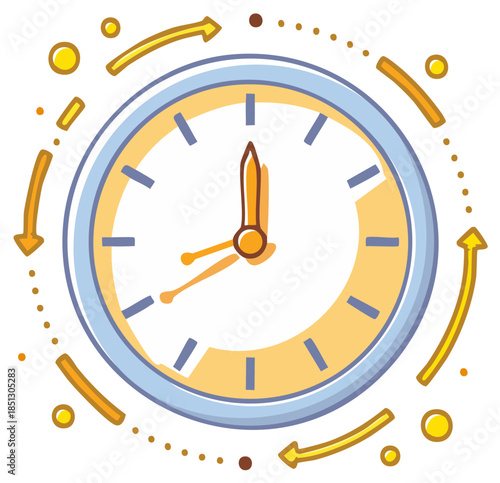 Colorful cartoon clock with arrows depicting time management, schedule, and cyclical process
