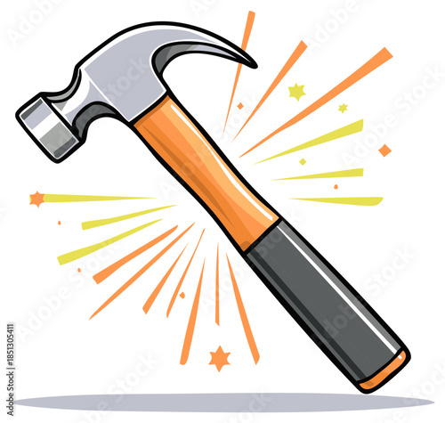 Shiny Cartoon Claw Hammer Illustrating Construction and Carpentry Tool with Sparkles  and Radial Energy Rays