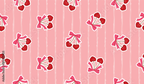 Cherries with bows seamless pattern. Heart-shape fruits on background with vertical uneven lines. Romantic girly print in pink and red colors. Vector endless wallpaper for Valentine's Day.