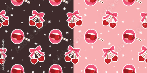 Heart-shape cherries seamless pattern on light and dark backgrounds. Red fruits with cute bow,  female lips with berry. Red and pink colors. Girly love-themed print. Vector design for Valentine's Day.