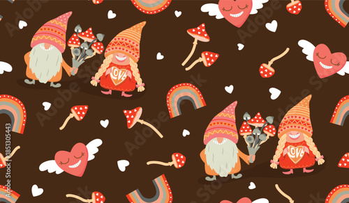 Love-themed seamless pattern with funny couple gnomes, fly agaric mushrooms, hearts and rainbow. Cartoon male and female characters in pink, red, yellow colors on brown background. Vector design.