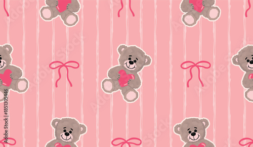 Teddy bear seamless pattern. Cute character holds a heart in his paws. Background with vertical jagged lines and a bows. Pink and grey colors. Romantic girly print on fabric and paper. Vector design.