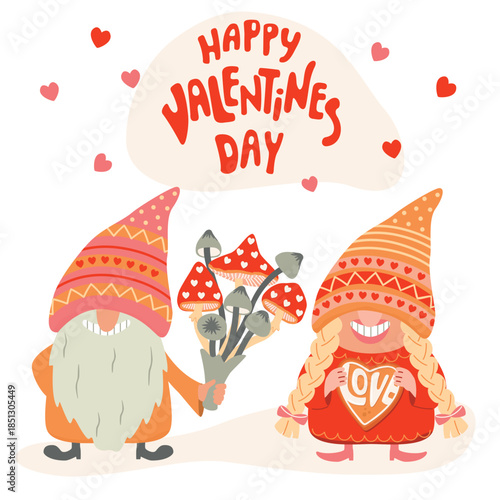 Valentine's Day greeting card  with funny gnomes and fly agarics. Male character is holding a bouquet of mushrooms. Female fairy holds a heart-shaped cookie. Vector cartoon illustration on white.