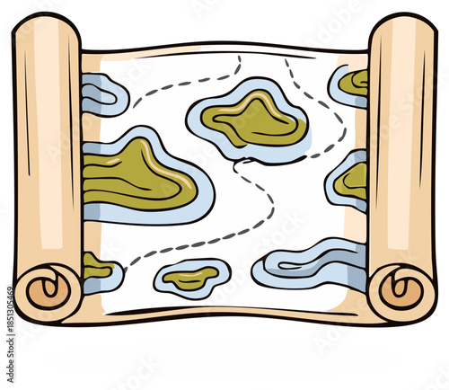Cartoon treasure map on an old parchment scroll for an adventure quest