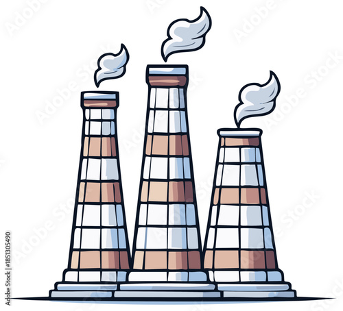 Cartoon Industrial Plant with Chimneys Emitting Smoke Depicting Energy Production and Environmental Impact
