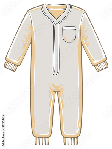 Cartoon illustration of a baby sleeper or jumpsuit garment.