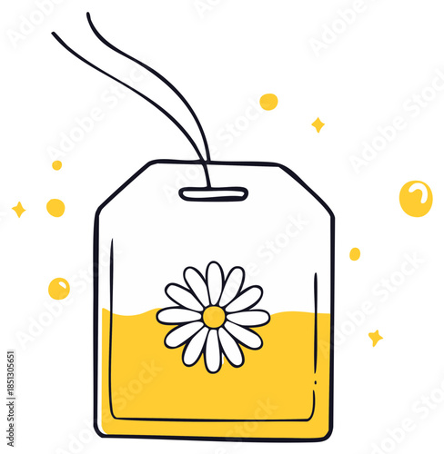 Doodle style tea bag with chamomile flower and yellow liquid inside with sparkling dots