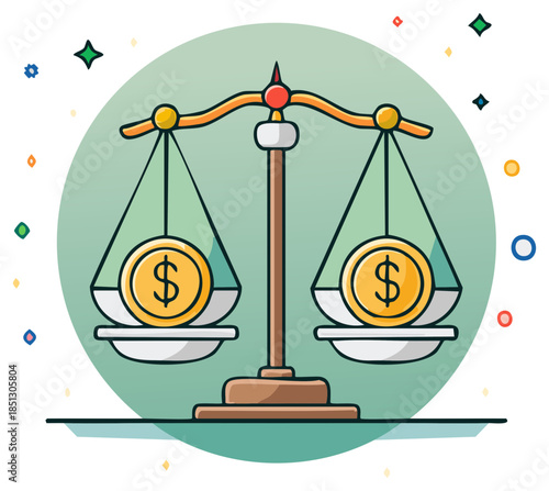 Balance scale with dollar coins, measuring financial decisions and business concepts, vector illustration