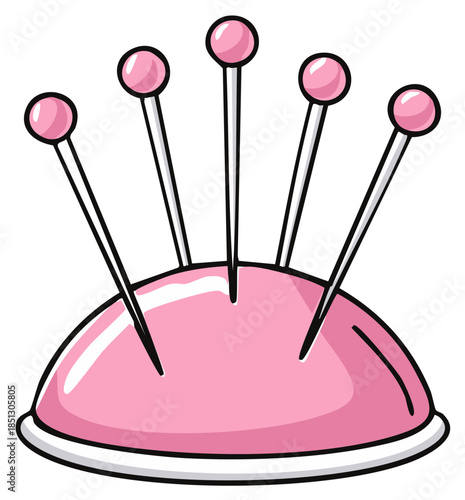 Pink pincushion with five sewing pins, cartoon illustration