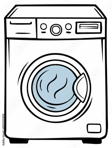 Cartoon illustration of a front-load washing machine with a blue drum
