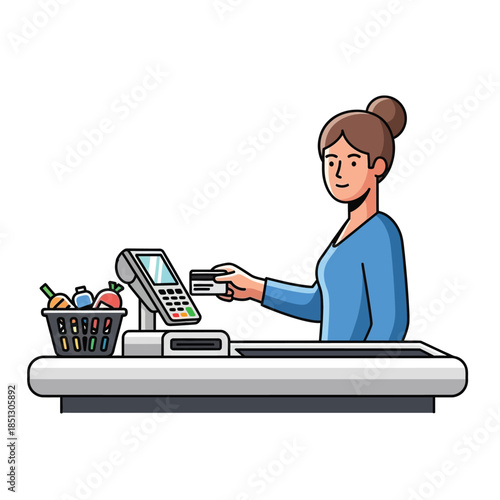 Female cashier efficiently processing a secure credit card payment at the grocery store checkout counter