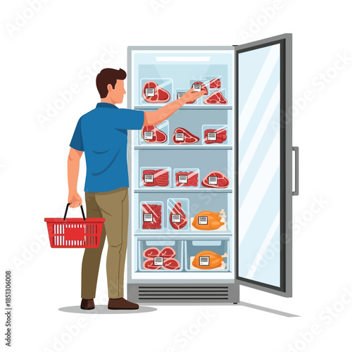 Man Selecting Fresh Packaged Meat from Refrigerated Display in Grocery Store
