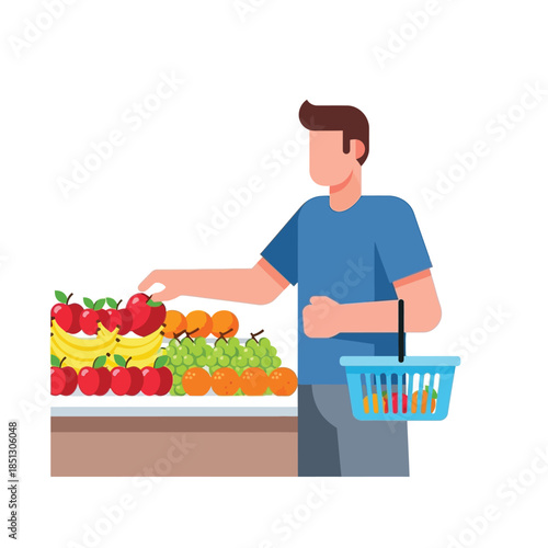 Man choosing fresh fruits from a market stall with a shopping basket