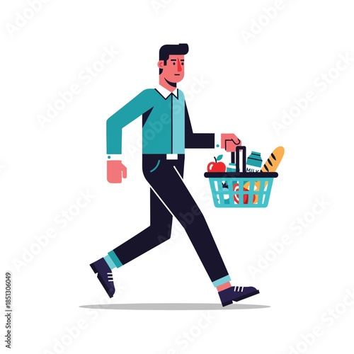 Dynamic illustration of a modern man swiftly walking with a shopping basket full of fresh groceries