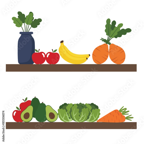Fresh fruits and vegetables stacked on two shelves for healthy eating