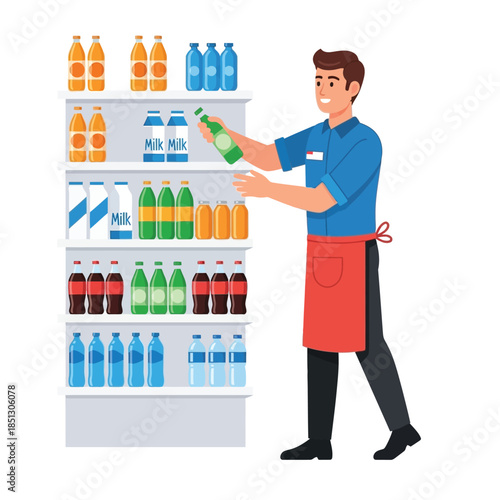 Retail worker stocking shelves with bottles and cartons of drinks