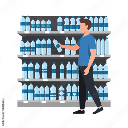 Man choosing a bottle of water from a supermarket shelf