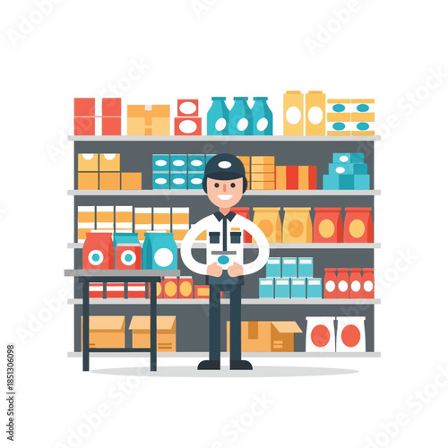 Smiling store employee organizes products on shelves in a modern grocery store, ready to assist customers