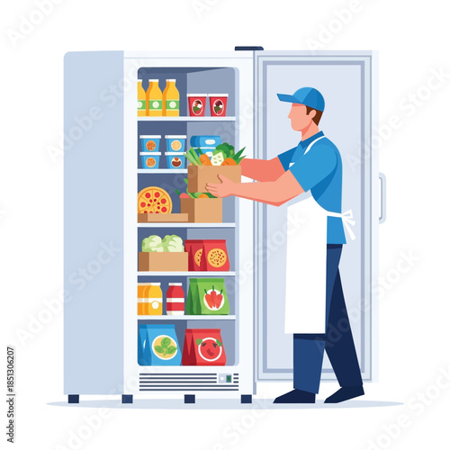 Delivery Person Stocking A Refrigerator With Groceries And Food Products