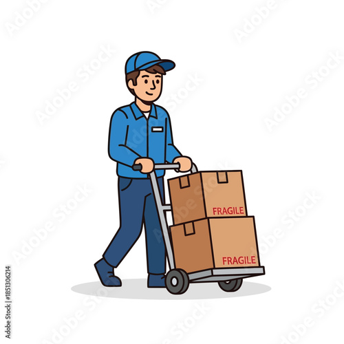 Professional Delivery Man Pushing Fragile Cardboard Boxes on a Hand Truck, Providing Efficient Shipping and Moving Service