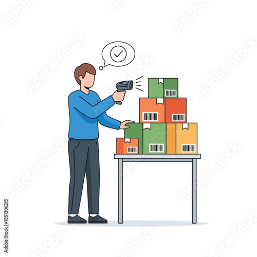 Worker Scanning Barcodes on Stacked Boxes for Accurate Inventory Control and Efficient Logistics