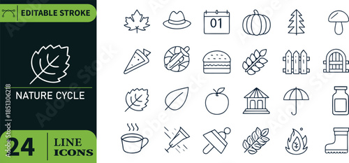 Autumn symbols and nature elements in a minimalist line icon set