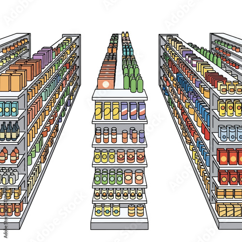 Modern grocery store interior with neatly organized rows of food items and beverages, shopping scene