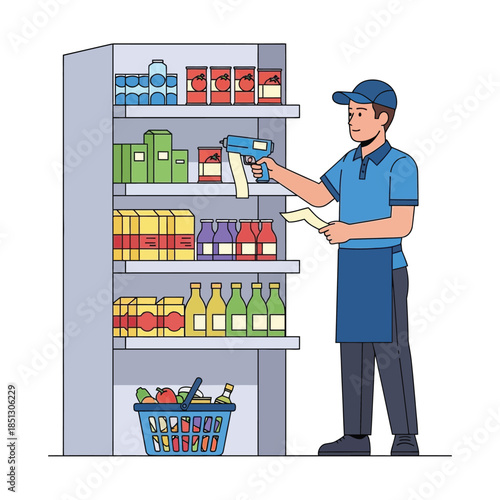 Retail worker scanning groceries with barcode reader in aisle