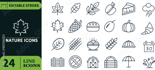 Collection of autumn and nature themed line icons in minimalist style