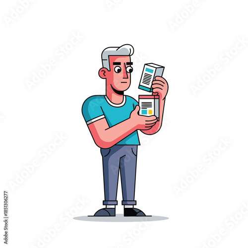 Man thoughtfully opening and inspecting contents of two small packages, perhaps for product information or storage analysis