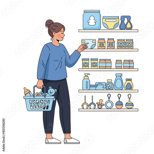 Woman shopping for baby items in a store aisle with shelves