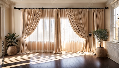 beige curtains with grommet rings and a black rod creating an elegant interior design