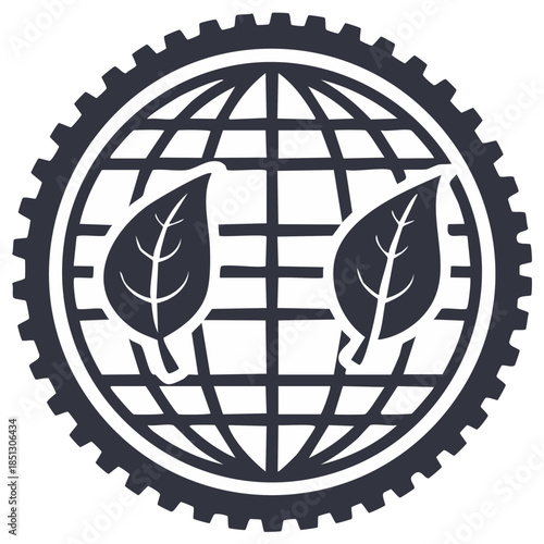 Environmentally conscious earth with leaves and gear design element.