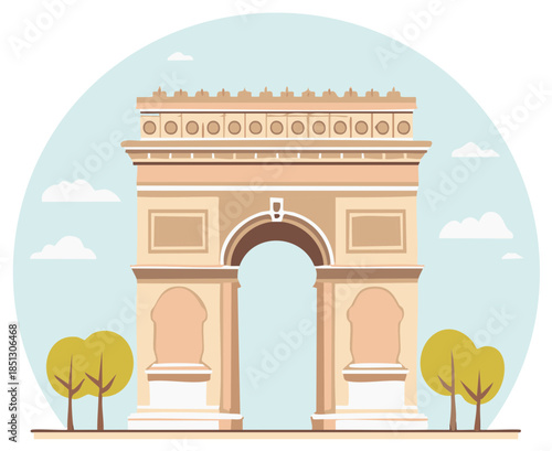 Grand European Triumphal Arch Monument Flat Design Illustration with Blue Sky