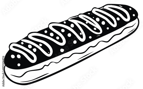 Elegant Pastry Delight: A Luscious Cream-Filled Eclair Adorned with Decorative Icing for Sweet Culinary Indulgence