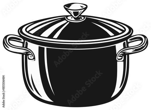 Classic cooking pot with lid in black and white illustration for kitchen or culinary design