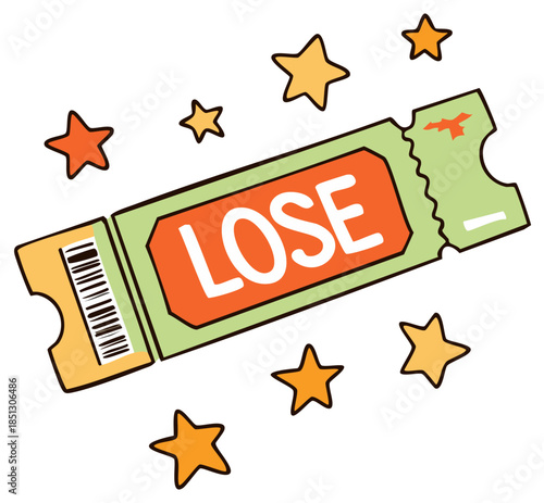 Playful doodle of a 'LOSE' game ticket with a barcode surrounded by golden stars