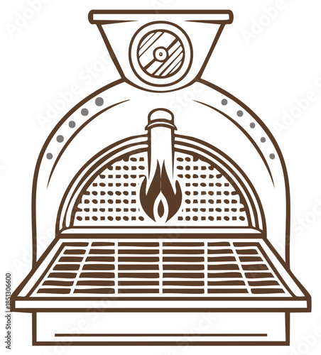 Vintage coffee roasting machine with flame burner line art icon for artisan cafes