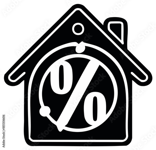 Black and White Real Estate Icon with House and Percent Symbol for Mortgage and Home Loans