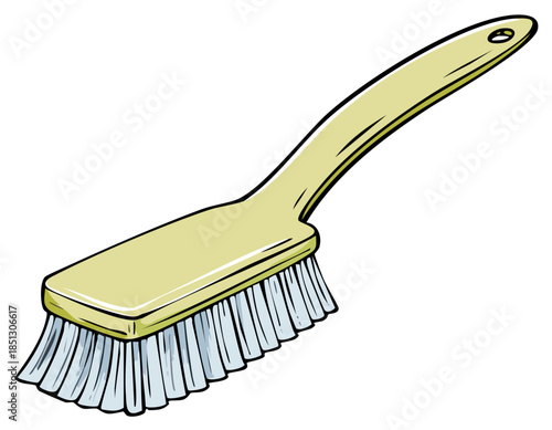 Illustrated scrubbing brush with plastic handle for cleaning household surfaces or sweeping