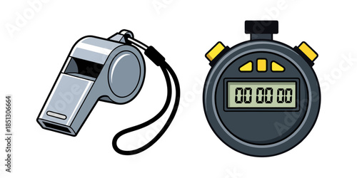 Silver metal whistle with black lanyard and digital stopwatch icon set. Sports competition equipment, referee and coach tools for training, timing and athletics.