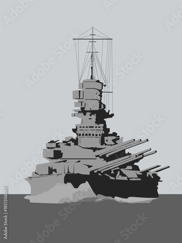 A grayscale silhouette of a battleship at sea with its main guns deployed and ready to fire. Vector illustration for your naval battle-themed illustrations.