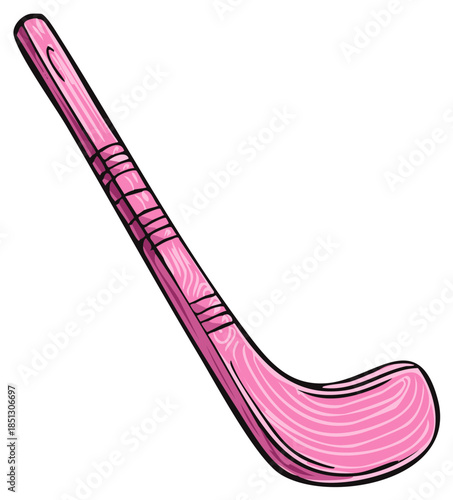 Cartoon style pink hockey stick illustration with black outline and curved head