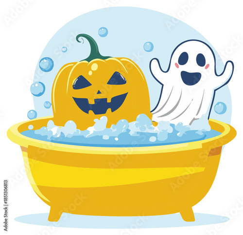 Cute Halloween Pumpkin and Ghost Enjoying a Bubble Bath in a Yellow Tub