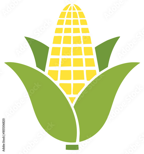 Stylized illustration of a ripe yellow corn cob with green husks