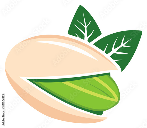 Stylized Pistachio Nut Illustration with Leaves, Fresh Snack, Natural Food, Healthy Eating