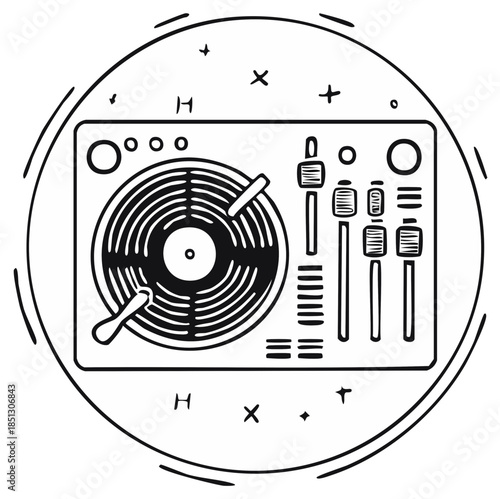 Creative doodle art featuring a DJ record player and audio mixer equipment for music