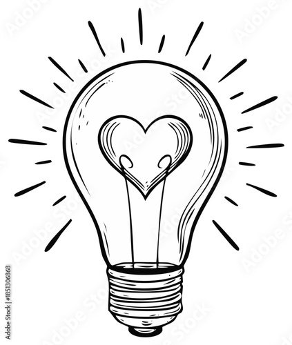 Sketch illustration of light bulb with heart filament depicting brilliant love inspiration