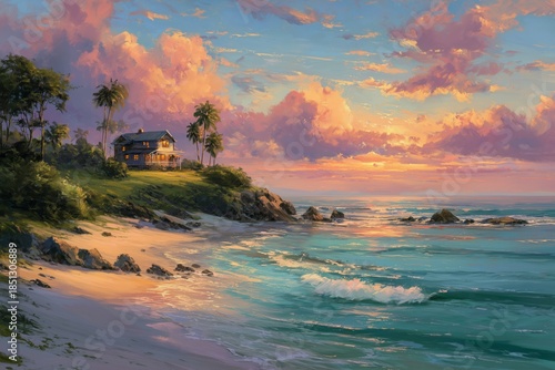 Coastal House Near Ocean at Sunset With Clouds and Water Reflections Along the Shore